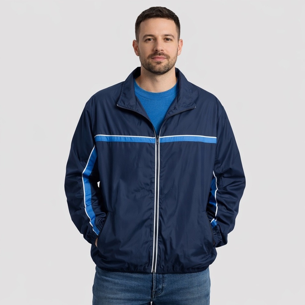 SB Tech‎ Mens Navy Blue Full Zip Windbreaker Jacket Mesh Lined Large Striped